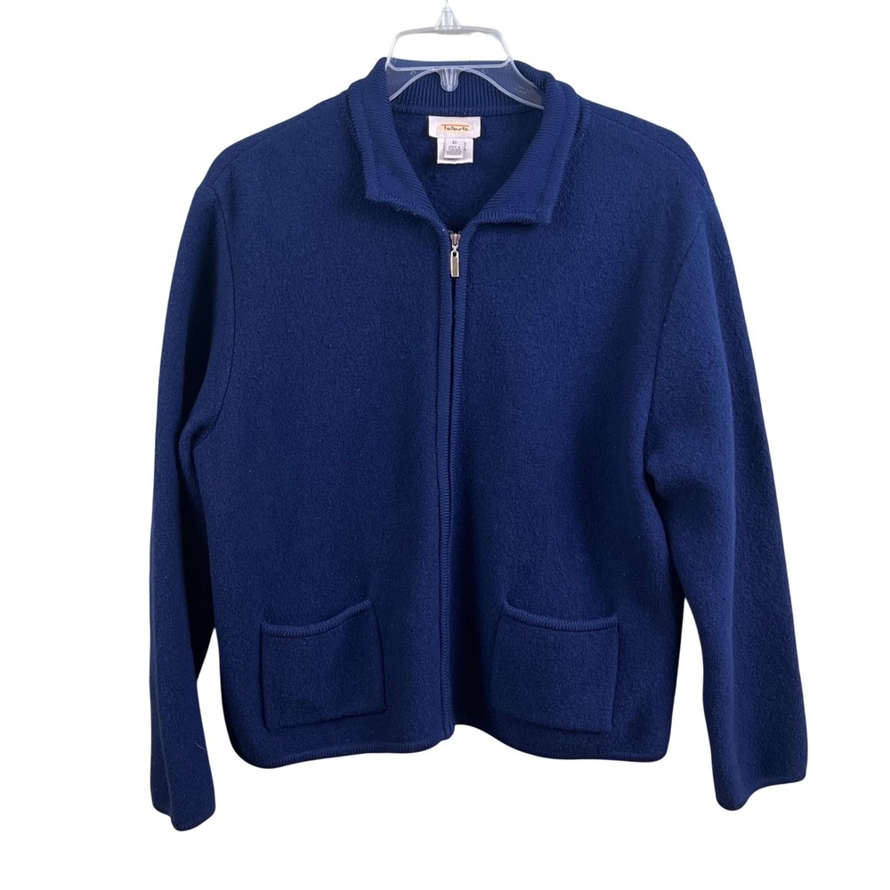 Talbots Dark Blue Full Zip Textured Wool‎ Cardigan Sweater Large Preppy READ